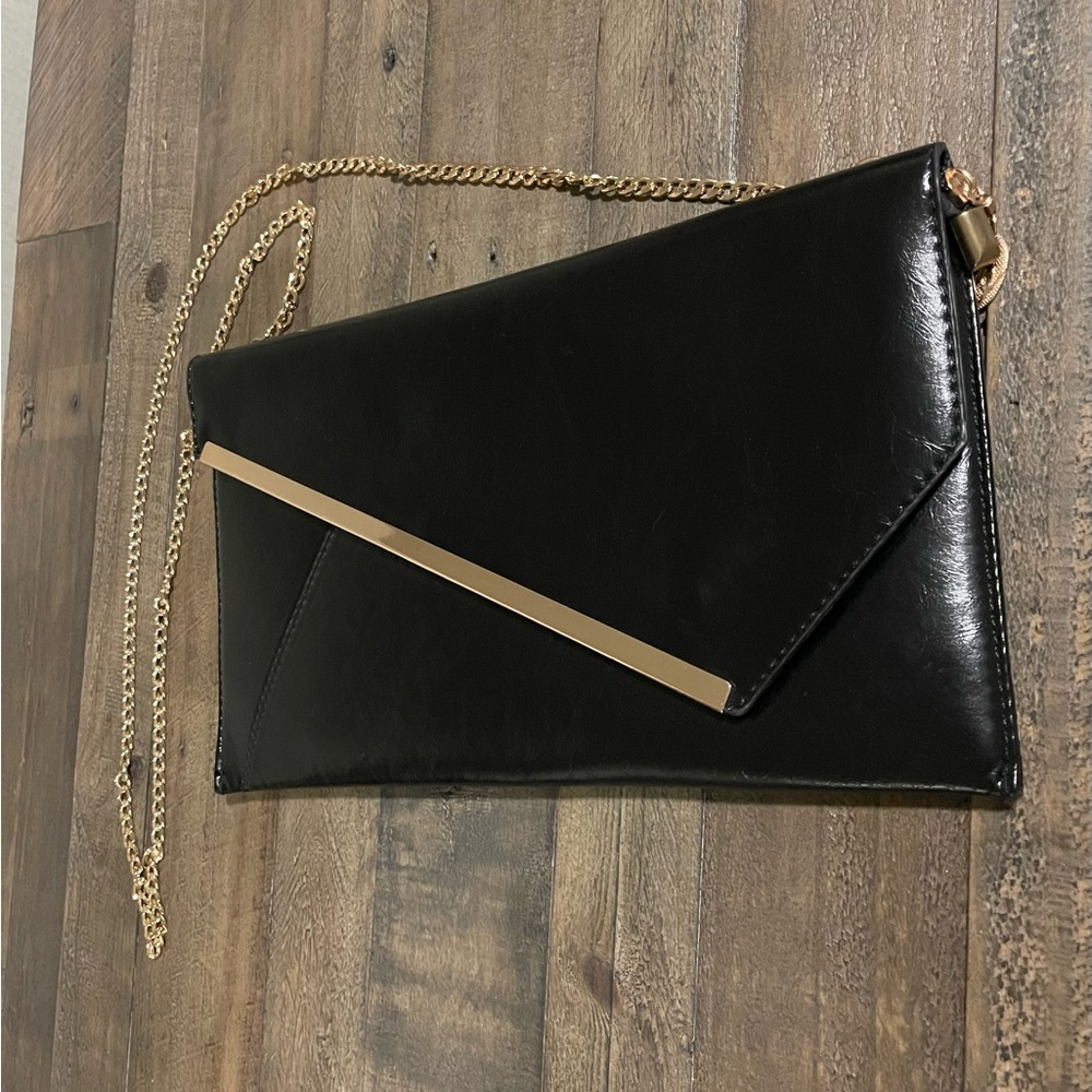 Classic Black Faux Leather Clutch with gold detail
